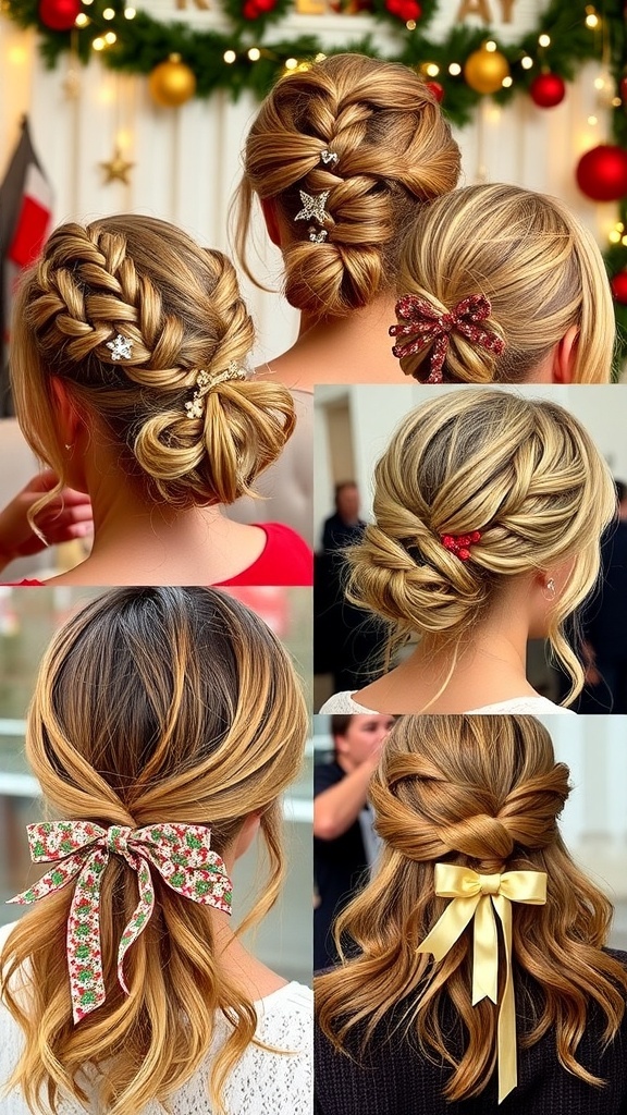 Models with messy hairstyles for Christmas, including loose braids and buns, set against a festive holiday backdrop.